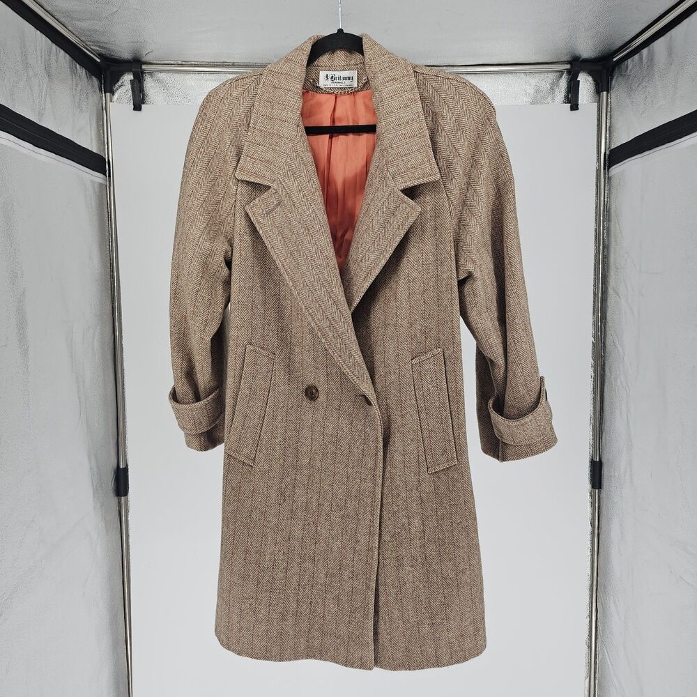 Vintage Womens Brittanny Originals Wool Tweed Midi Trench Coat Brown Herringbone